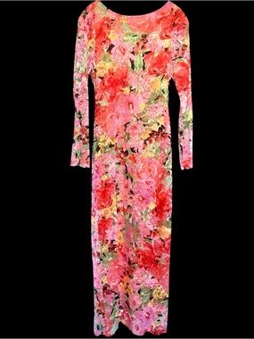 Marina Pink Floral Lace Long Sleeve Fitted Bodycon Stretchy Midi Dress NWT